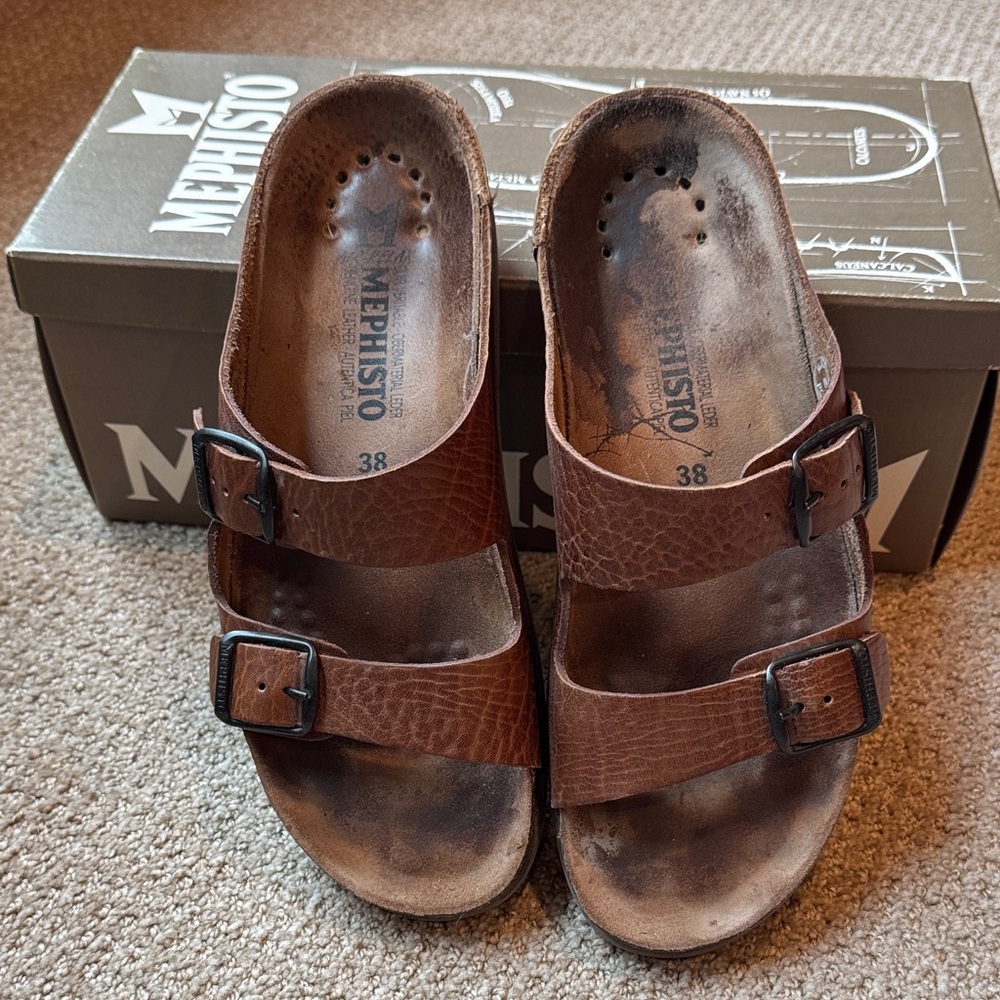 Women's Mephisto Harmony Camel Double-Buckle Sandals - 38